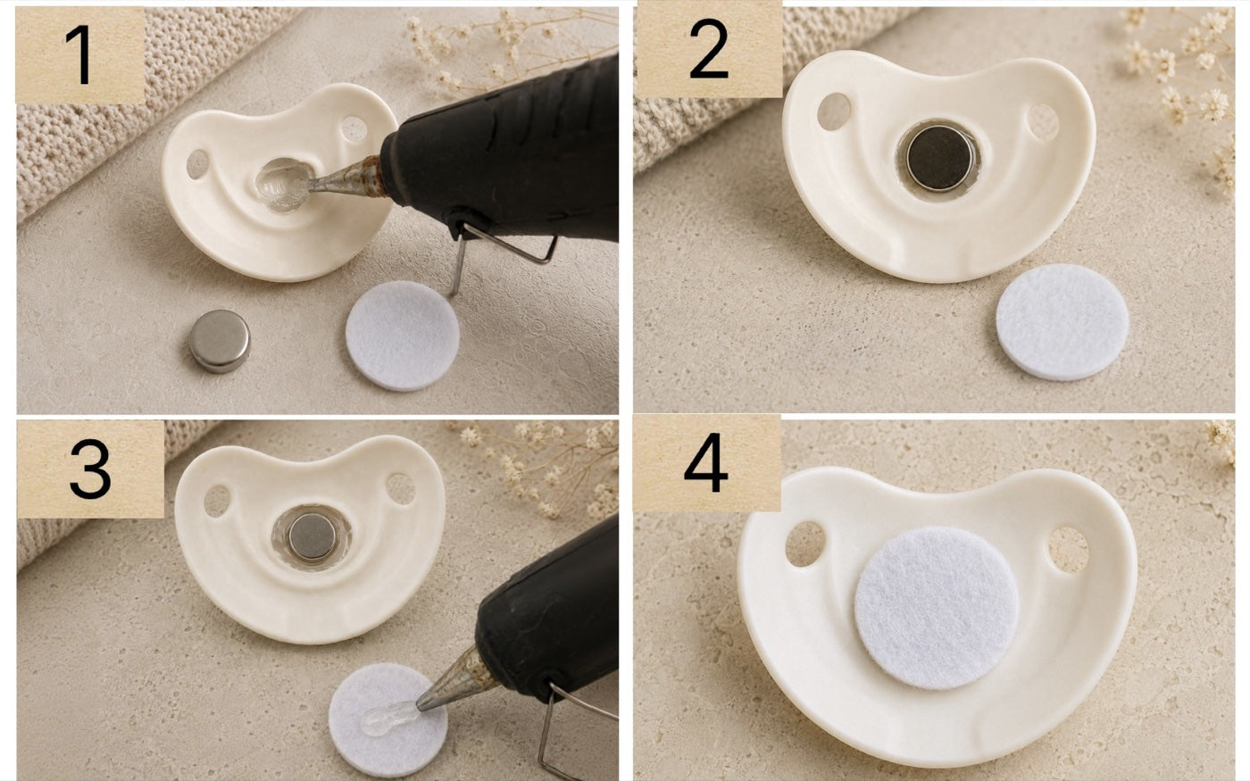 A Ready-to-Assemble magnetic dummy kit: the dummy with its recessed cavity, the magnet and the felt disc