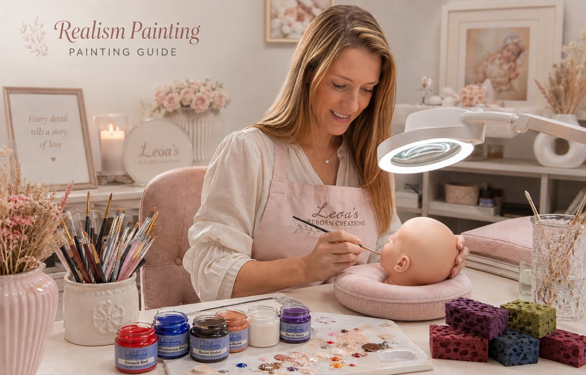 Silvia painting a reborn head at her desk, with Genesis paints, brushes and sponges laid out in front of her