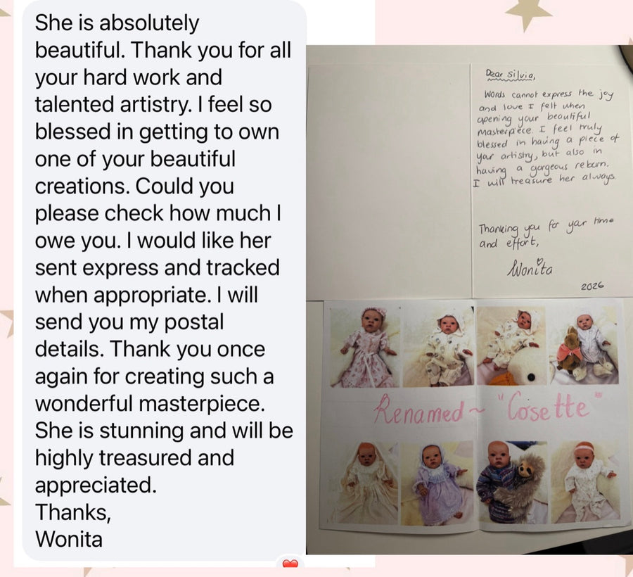 Message from Wonita C: She is absolutely beautiful. Thank you for all your hard work and talented artistry. I feel so blessed in getting to own one of your beautiful creations. Thank you once again for creating such a wonderful masterpiece. She is stunning and will be highly treasured and appreciated. Words cannot express the joy and love I felt when opening your beautiful masterpiece.