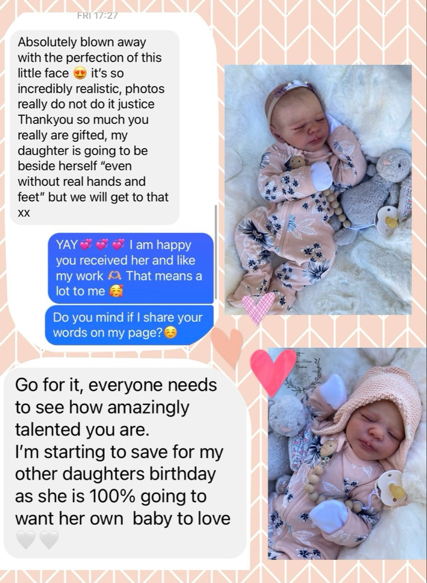 Message from Jen C: Absolutely blown away with the perfection of this little face. It's so incredibly realistic — photos really do not do it justice. Thank you so much, you really are gifted; my daughter is going to be beside herself. Everyone needs to see how amazingly talented you are.