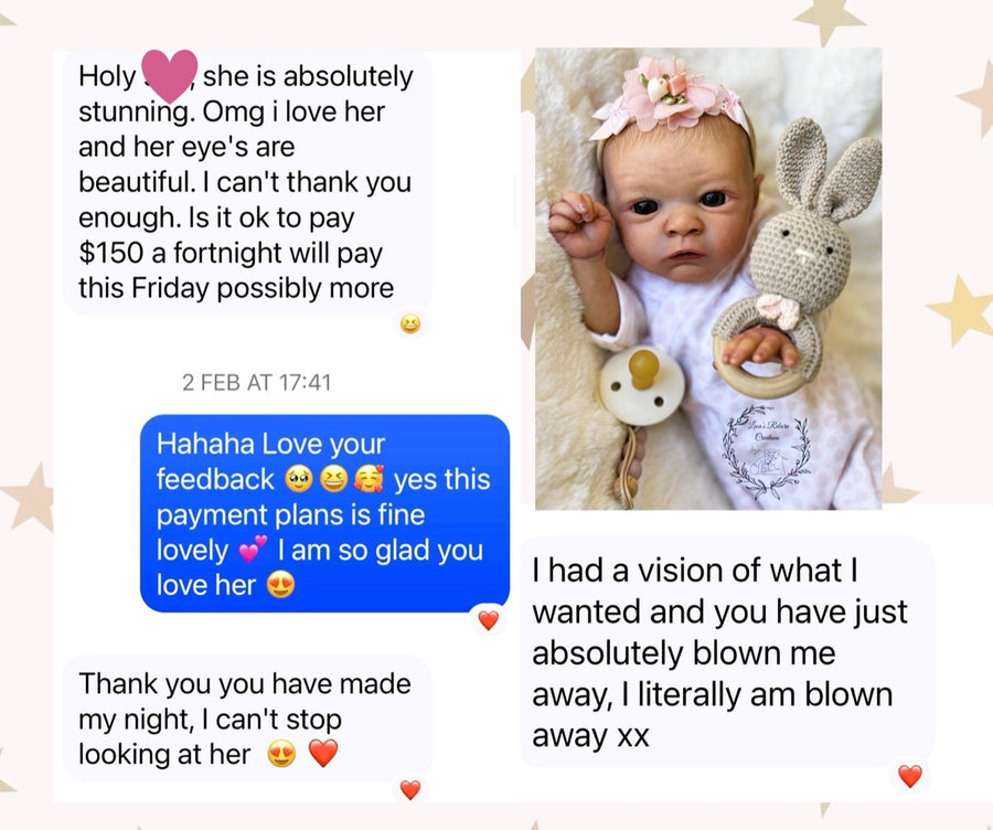 Message from Tracey E: She is absolutely stunning. Oh my god I love her, and her eyes are beautiful. I can't thank you enough. I had a vision of what I wanted and you have just absolutely blown me away. Thank you, you have made my night — I can't stop looking at her.