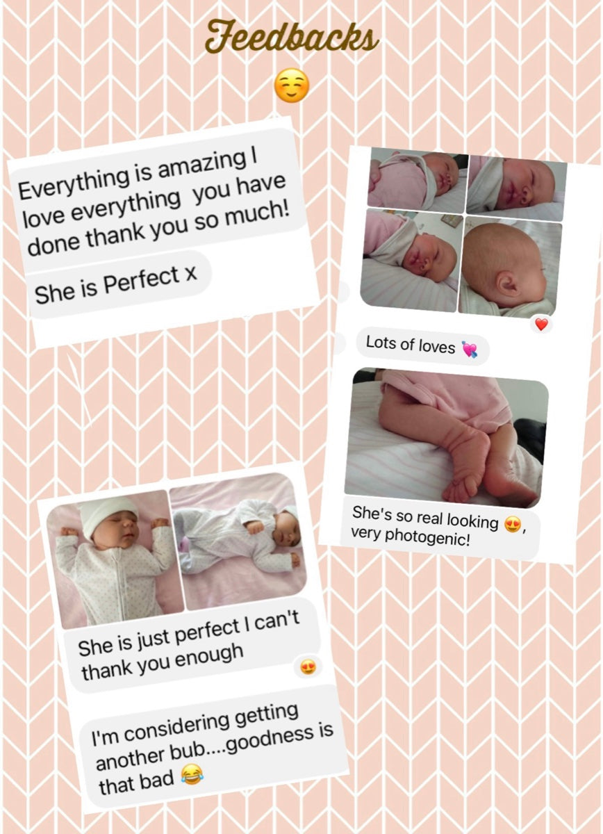 Message from Megan C: Everything is amazing, I love everything you have done — thank you so much! She is perfect. She's so real looking, very photogenic! She is just perfect, I can't thank you enough. I'm considering getting another bub.