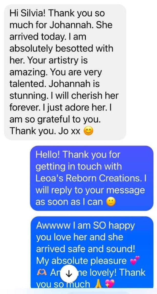 Message from Joanne B: Thank you! She's just beautiful. Hopefully I can get another bub in the future. You are very talented. Beautiful kit and beautiful artistry. Very beautiful box opening too. Lovely.